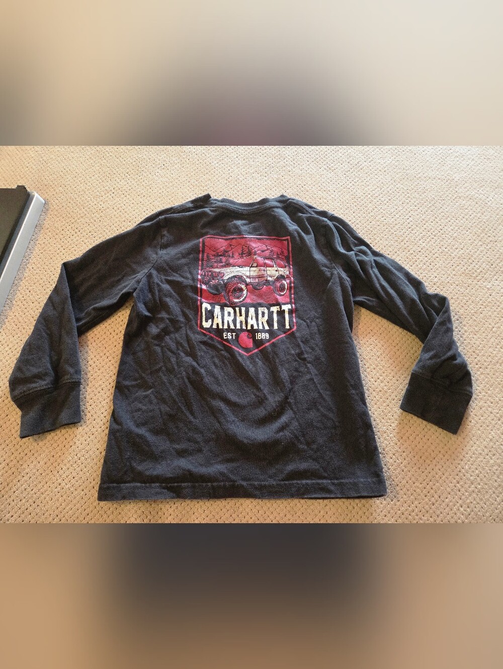 Carhartt long sleeve black crewneck tshirt youth size 4 with white/red truck jee